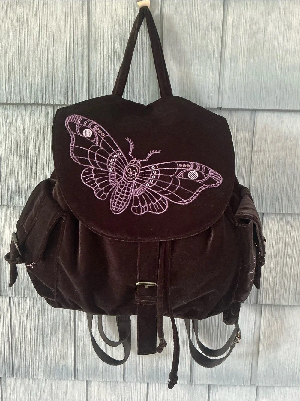 Disturbia Black Velvet Backpack with Lilac Moth / Butterfly Embroidery